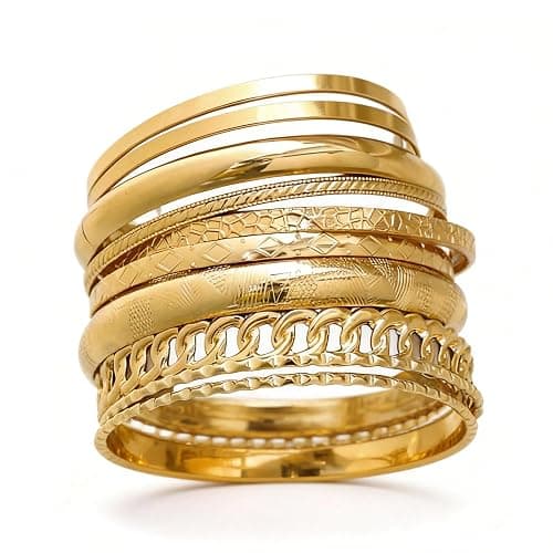 ÌF ME Gold Bangle Bracelets for Women, Indian Bangles Stackable Set, Multi Layer Textured 14K Gold Plated Chunky Bracelets Boho Jewelrys Set - Image 1