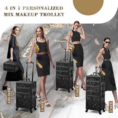 Stagiant Rolling Makeup Case Cosmetology Case on Wheels 4 in 1 Makeup Travel Case Extra Large Cosmetic Box with Key Make Up Artist Traveling Storage Nail Case Salon Barber Cart Trunk Alpine Black thumbnail 7