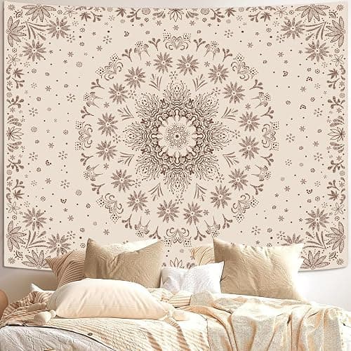 Fowocu Boho Floral Mandala Tapestry Wall Hanging Bohemian Flower Medallion Tapestry Aesthetic Beige Brown Hippie Indian Small Tapestries for Bedroom Living Room Dorm Decor 40 x 30 Inch - Image 1