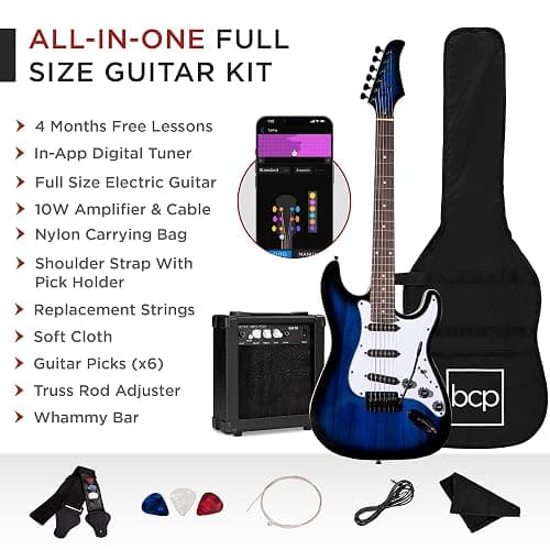 Best Choice Products 39in Full Size Beginner Electric Guitar Starter Kit w/Case, Strap, 10W Amp, Strings, Pick, Tremolo Bar - Hollywood Blue thumbnail 3
