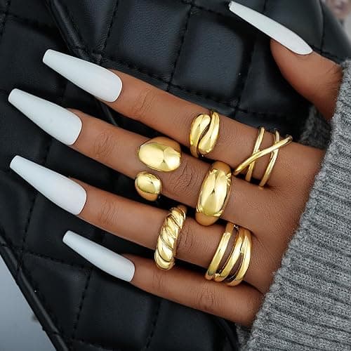 17 MILE Chunky Gold Stackable Rings for Women Non Tarnish, 18K Gold-Plated Statement Open Stacking Rings, Knuckle Band Ring Set thumbnail 3
