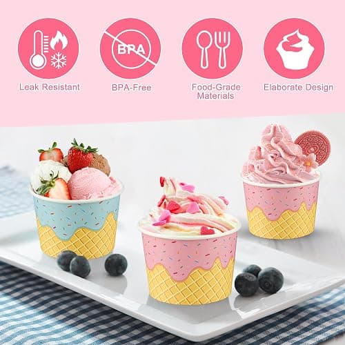 50 Pack Paper Ice Cream Cups 9oz Dessert Paper Bowls Disposable Ice Cream Party Bowls 2 Designs Treat Snack Cups for Hot or Cold Food Sundae Frozen Yogurt Soup Party Supplies thumbnail 4