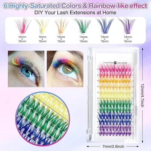 MUIIGOOD Colored Lash Extension Kit 120 Pcs DIY Lash Clusters Individual 14mm 16mm Mixed 6 Colors Soft False D Curl Eyelashes Rainbow Colorful Cluster Lashes Reusable Fluffy Lash for Women Girls thumbnail 3