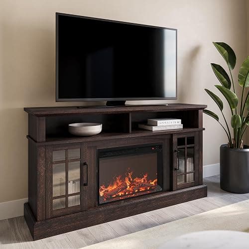 BELLEZE Astorga 58" TV Stand with 23" Electric Fireplace - Espresso | for TV Up to 65",Open Shelf & Storage Cabinet,Adjuatable Shelf,for Living Roomg Dining Room - Image 1