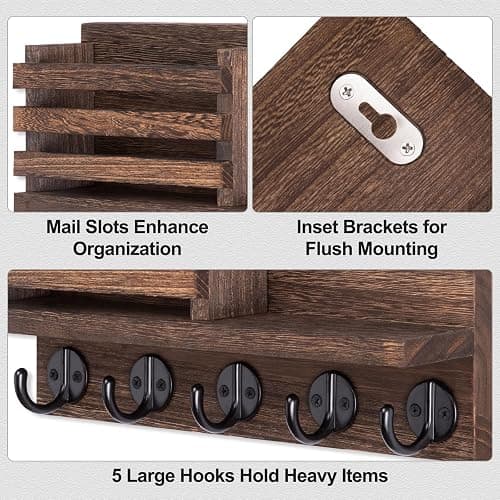 Lwenki Key Holder for Wall – Decorative Wooden Mail Holder and Key Shelf with Mounting Hardware, Installation Guide – Paulownia Wood with 5 Metal Key Hooks (11.8” x 6.7” x 2.8”) thumbnail 3