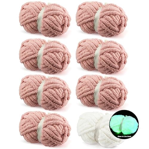 FOITLE Chunky Chenille Yarn for Hand Knitting, Bulky Thick Fluffy Yarn for Crocheting, Soft Plush Blanket Scarf DIY Glow in The Dark Yarn, 8 Jumbo Pack(7 Solid, 1 Glow Skeins), Pink - Image 1