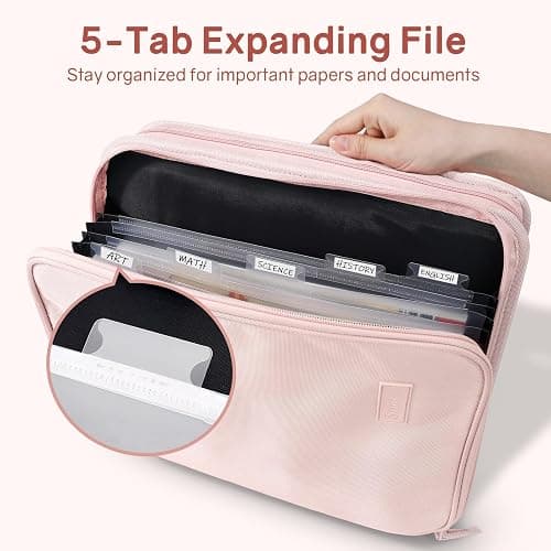 SUNEE Zippered Binder Bag with Handle, 2-Inch 3-Ring O-Ring, 500-Sheet Capacity, Includes Zip Pocket, 5-Tab Expanding File Folder, Multi-Pocket Organizer Binder for Middle School, Pink Lotus thumbnail 3