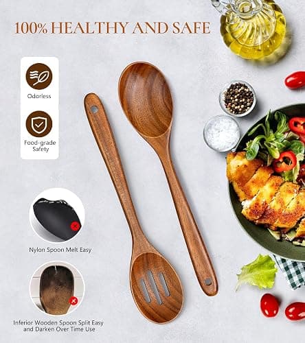 2Pcs Wooden Spoons for Cooking, Natural Premium Teak Wooden Spoon & Slotted Spoon, Good Grip Large Cooking Spoons Spatula, Heat Resistant Wooden Kitchen Cooking Utensils Set for Nonstick Cookware thumbnail 6