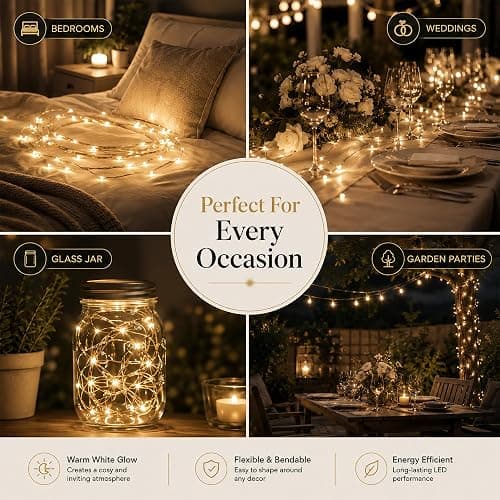 HomlyPro LED Fairy Lights 5M 50 LEDs - Warm White Battery Operated String Lights, Bendable and Waterproof Copper Wire for Garden, Party, Wedding, Home, and Christmas Decorations thumbnail 4