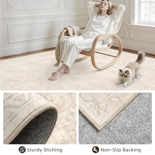 8x10 Area Rugs for Living Room: Vintage Boho Neutral Washable Rug Indoor Soft Large Area Rug Carpet for Bedroom Nursery Farmhouse Dining Room Office Floor Non-Slip Low Pile Under Table Rug Beige thumbnail 4