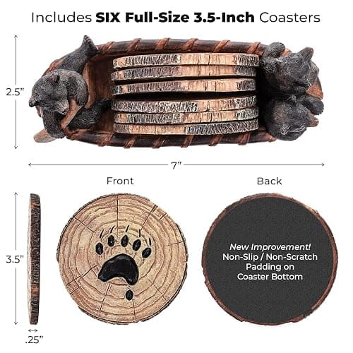 Cabin Obsession Bear Coasters - Set of 6 Full Size Rustic Coasters in Handmade Canoe with Adorable Black Bear Figurines - Log Cabin Decorations, Rustic Lodge Decor for The Home thumbnail 3