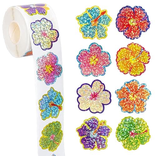 Whaline Summer Tropical Floral Stickers Roll Laser Hibiscus Flower Seal Stickers Colored Waterproof Self-Adhesive Decals for Envelope Journal Decor Hawaiian Luau Holiday, 500 Pcs - Image 1