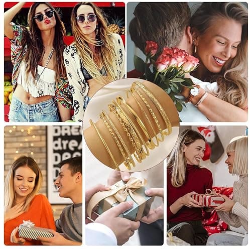 Uwiyo 10-12 Stück Gold Armreif für Damen, Stapelbare Gold Armband Böhmen Manschette Armreif Indischer Armbänder Schmuck für Frauen Mädchen thumbnail 6