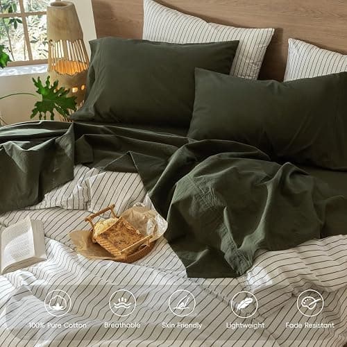 MooMee Bedding Sheet Set 100% Washed Cotton Linen Like Textured Breathable Durable Soft Comfy (Solid Olive Green, Queen) thumbnail 4