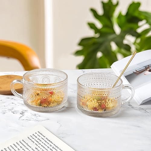Vintage Glass Coffee Mugs 4 Set, 14oz Overnight Oats Containers with Bamboo Lids and spoon, Glass Tea Cups, Coffee Bar Accessories, Ideal Birthday, Holiday Gifts for Women thumbnail 2
