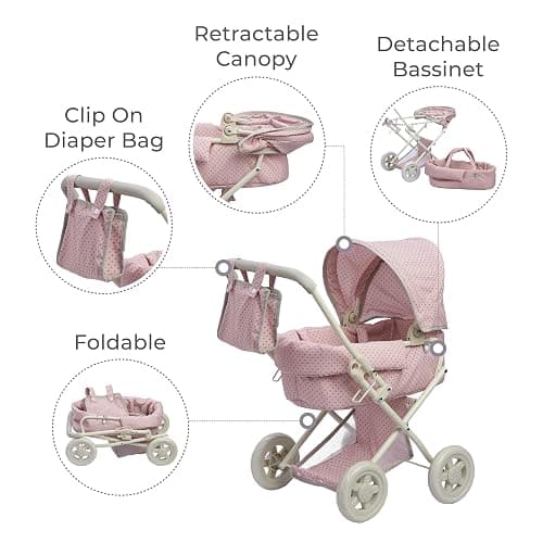 Olivia's Little World Buggy-Style Baby Doll Stroller with Retractable Canopy, Storage Underneath, Detachable Bassinet, Travel Nursery Bag, Comfortable to Push, Pink and Gray thumbnail 10