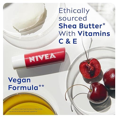 NIVEA Cherry Shine Lip Balm (4.8g), Flavoured Lip Balm with Shea Butter, Natural Oils and Vitamins, Provides 24h Moisture and a Soft Red Shine, Vegan Lip Care Formula thumbnail 4