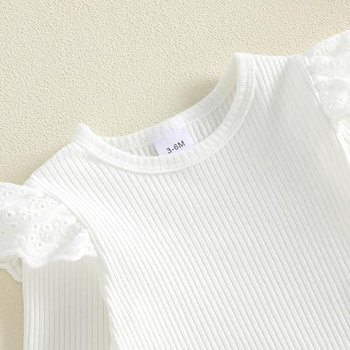 XIXIMAON Summer Fall Baby Girl Clothes Ribbed Romper Denim Skirt Set 2pcs | Infant Baby Girl Autumn Winter Outfits Solid Color Ruffle Long Sleeve Ribbed Knit Romper Bow Front Denim Overall Dress Set thumbnail 3