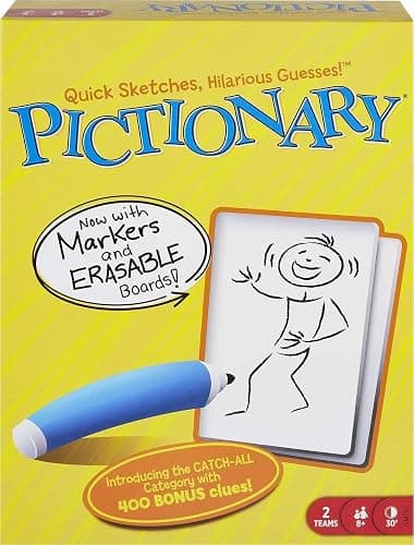 Mattel Games Pictionary Family Board Game for Kids, Adults and Game Night for 2 Teams with Erasable Markers, Boards and Sand Timer - Image 1