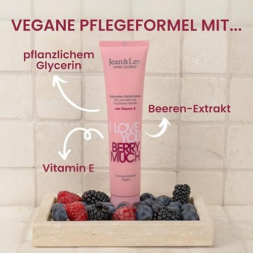 Jean & Len Crema mani I Love You Berry Much, per mani normali o asciutte, idrata le mani, assorbe rapidamente, cura delle mani vegana, senza parabeni e siliconi, 75 ml thumbnail 2