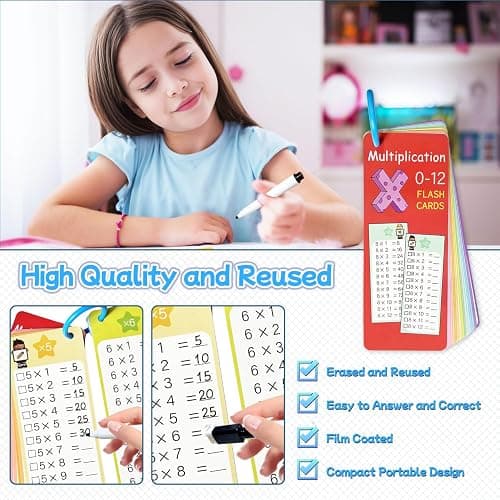 Kiadekoce Multiplication Flash Cards 0-12, 15PCS Times Table Flash Cards Chart, with Dry Erase Markers Sorting Ring, 1st, 2nd, 3rd Grades Educational Math Multiplication Game for Kids Classroom Home - A-Multiplication thumbnail 6