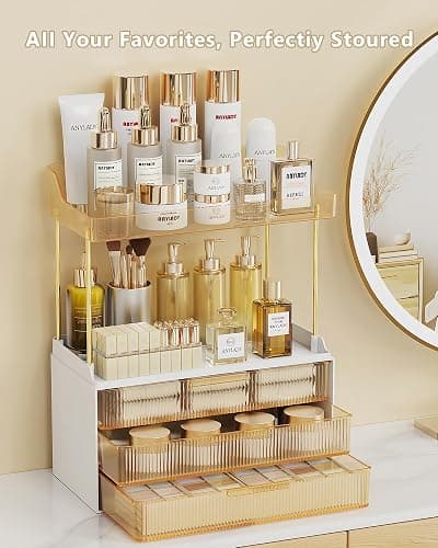 Anylady Bathroom Organizers and Storage, Makeup Organizer (Sturdy Durable Attractive), Ideal for Vanity, Countertop, Counter, Perfume, Skincare, Cabinet, Cosmetic, Dresser Organizer (Gold) thumbnail 3