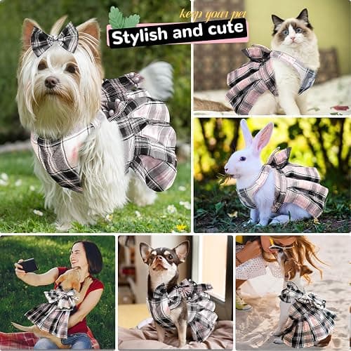 PETCARE Cute Dog Dress Clothes for Small Dogs Cats Girl Female Pink Plaid Bow Tie Dog Harness Dresses Leash Set with Pearls Bow Accessories Birthday Puppy Dress Shih Tzu Yorkies Chihuahua Outfits thumbnail 3