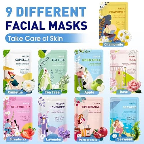 54 Pack Bulk Sheet Face Masks Skincare, Hydrating and Moisturizing Face Mask for All Skin Types, Collagen Facial Masks for Skin Care, Easter Basket Stuffers, Mothers Day Gifts (9 Types x 6 Pcs) thumbnail 3