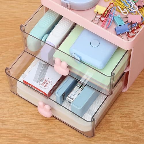 LETURE Small Desk Organizer With Drawer, Office Desktop Storage Box, Business Card/Pen/Pencil/Mobile Phone/Stationery Holder Storage Box, Makeup Organizer for Office School Home (Pink) thumbnail 6