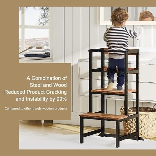 INNOD Kitchen Step Stool for Toddlers, Height Adjustable Toddler Tower with Safety Rail, Steel and Wood Toddler Kitchen Stool Helper Kids, Stool for Kids, Learning Tower, Kids' Desk Brown - Wood thumbnail 3