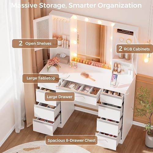 ERLEJIA Vanity Desk with Mirror and Lights, 42.52" 9 Drawer Makeup Table with 2 RGB Lighting Cabinets and Power Outlet for Girls and Ladies Bedroom, White thumbnail 3
