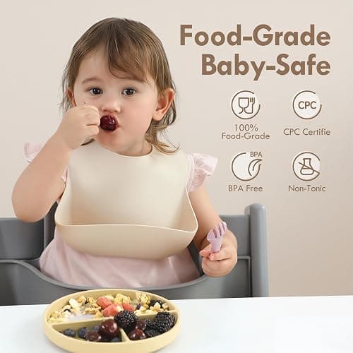 Moonkie 2pc Silikon Kinderteller mit Deckel, Baby teller mit Saugnapf, BPA-freie Rutschfest Geteilte Geschirr Set mit Gabeln und Löffel, Mikrowellen und Spülmaschinenfest(Mint/Hellblau) thumbnail 2