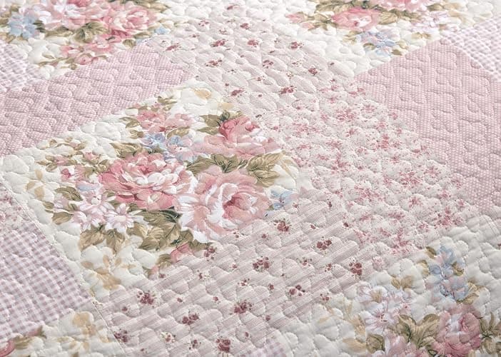Chezmoi Collection Rosy 3-Piece Printed Patchwork Cotton Quilt Set, Full Size - Pink Flower Floral Striped Polka Dots - Stone Washed Lightweight Bedspread thumbnail 8