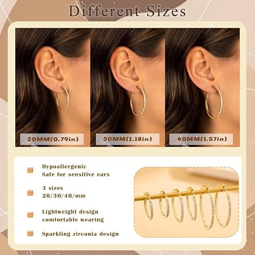 RANKEEF Gold/Silver Hoops Earrings For Women Hypoallergenic | S925 Silver Hoop Earings Lightweight Gold Hoops Gold Rhinestone Earring With Cubic Zirconia 20/30/40mm thumbnail 4