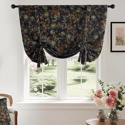 StangH Vintage Floral Tie Up Curtains for Living Room, Black Flower Patterned Light Blocking Velvet Drapes Thermal Insulated Farmhouse Drapes for Bedroom Home Office, W46 x L63, 1 Panel - Image 1
