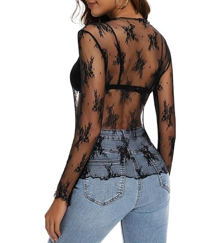 Womens Lace Mesh Long Sleeve Top Floral Sheer See Through Sexy Tops Mock Neck Shirts Party Club Night Blouses thumbnail 3