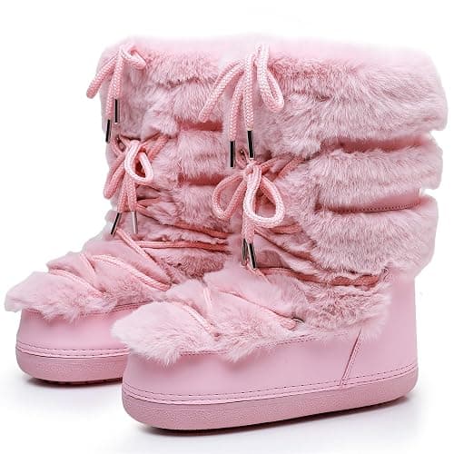 ZHENAIYISHENG Furry Faux Fur Boots for Women - Fuzzy Winter Snow Boots - Fluffy Black White Pink Fur Boots - Lace-up Mid-Calf Water-Resistant Platform Boots - Image 1