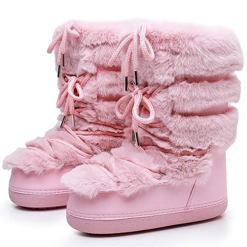ZHENAIYISHENG Furry Faux Fur Boots for Women - Fuzzy Boots for Women Winter Snow Boots - Fluffy Black White Pink Fur Boots- Lace-up Mid-Calf Water-Resistant Platform Boots - 8-9 - Pink