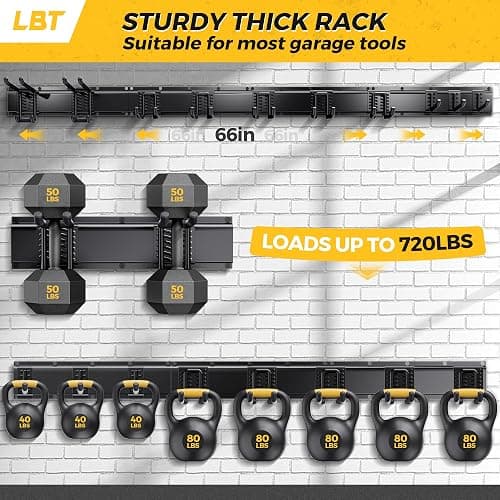 LBT 66" Garage Tool Organizer Wall Mount - 720lbs Garden Tool Organizer with Adjustable Hooks, Heavy Duty Metal Garage Storage Rack, Anti-Rust Shed Rack Holder Hanging Rake Broom Mower Snowboard thumbnail 3