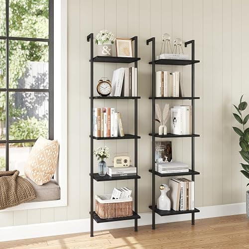 ELYKEN Ladder Shelf, 5-Tier Wood Wall Mounted Bookshelf with Metal Frame, Vintage Open Display Organizer Rack, Leaning Storage Shelves for Living Room, Bedroom, Home Office, Black - Black thumbnail 4