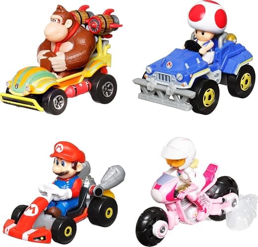Hot Wheels Mario Kart Toy Vehicle 4-Pack with Princess Peach on Moto Exclusive for Kids Ages 3 and Up - Image 1