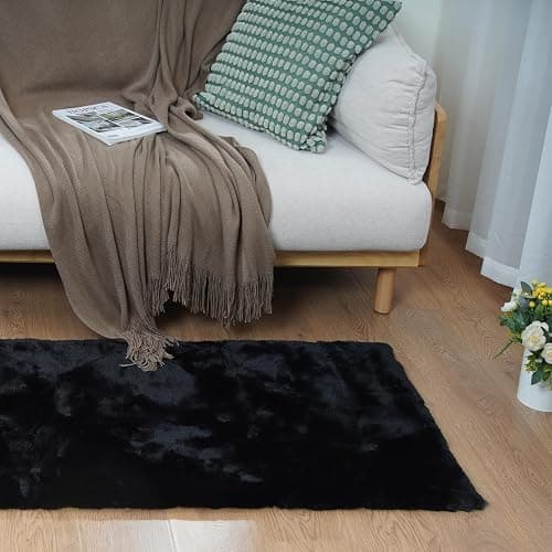 Latepis Faux Rabbit Fur 3x5 Area Rug Fluffy Black Rugs Machine Washable Shag Rug for Living Room Furry Throw Bedside Rugs Room Carpet for Nursery Floor thumbnail 7