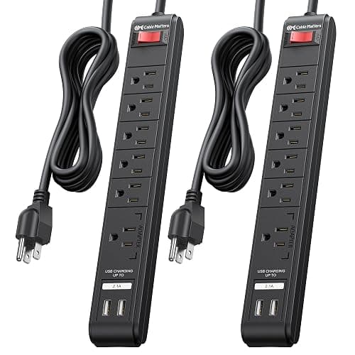 [ETL Listed] Cable Matters 2-Pack 6-Outlet Surge Protector Power Strip with USB Ports - 8ft, Long Extension Cord, Surge Protector with USB Ports, Black - Image 1