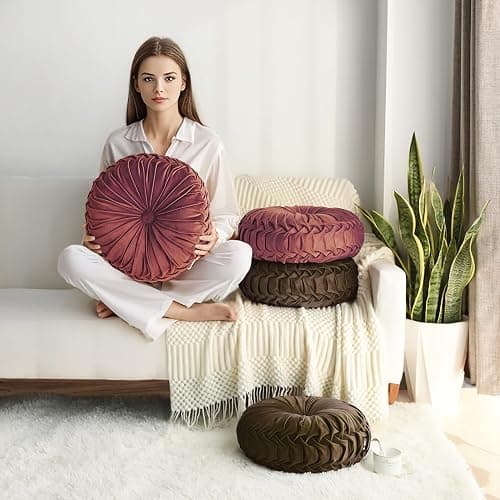 HIG Set of 2 Decorative Round Pleated Throw Pillows,Classy Accent Pumpkin Throw Pillows with Center Button,Vintage Velvet Floor Pillows for Sofa Vanity Chair Bed,Dusty Rose,14.5" Diameter(Ripple) thumbnail 7