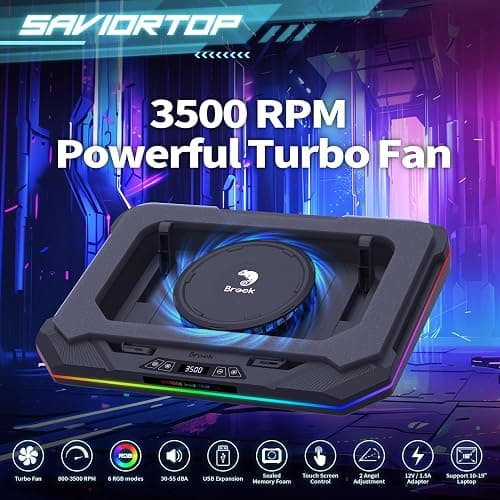 Brook Saviortop Gaming Laptop Cooler, IC Core Cooling Pad with Advanced Turbo Fan, Fast Cooling for Laptops 10-19in, Adjustable Speed, Touch Control, USB-C & USB-A Ports, Compact & Portable Design thumbnail 2