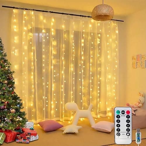 Honche 300Led Fairy Curtain String Lights 10x10ft with Remote Window Lights for Bedroom Wedding Party Festive Season Propose Christmas Decoration(Warm White) - Image 1