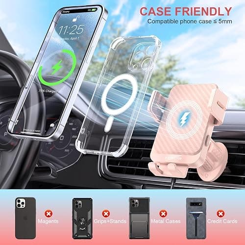 Wireless Car Charger, MOKPR 15W Fast Charging Auto-Clamping Car Charger Phone Mount Air Vent Cell Phone Holder Compatible iPhone 16/15/14/13/13 Pro/12 pro/12/11, for Samsung Galaxy S23/S22/S21, Pink - Pink thumbnail 5
