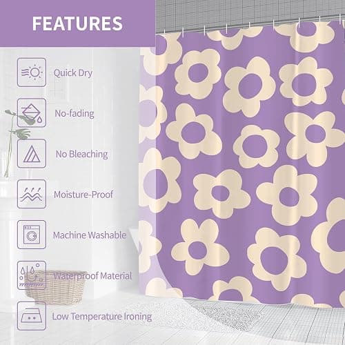 Visioun Purple Cute Retro Floral Abstract Flower Shower Curtain for Bathroom 72W*72H Inch 70s Lovely Vintage Aesthetic Funky Bathtub Decor Modern Trendy Waterproof Polyester Fabric Set with 12 Hooks thumbnail 5