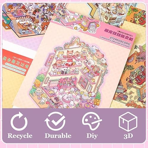 Pink Cozy Room 3D Sticker Scene Book, 1-Piece Miniature Craft Kit with Immersive Miniature Sticker Scenes for Kids and Adults thumbnail 4