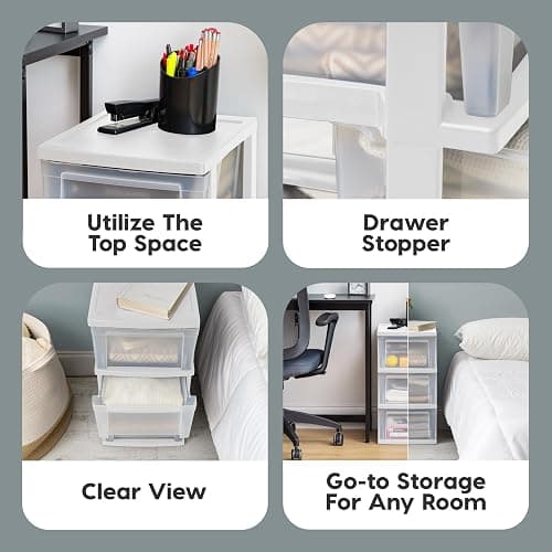 IRIS USA Plastic Drawer Storage Organizer, 3-Drawers, 2-Pack, for Classroom Art Craft Supplies, Bathroom Bedroom, Laundry Room, White/Clear thumbnail 3